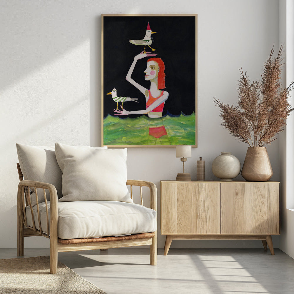 Swimming Lady with birds | Poster