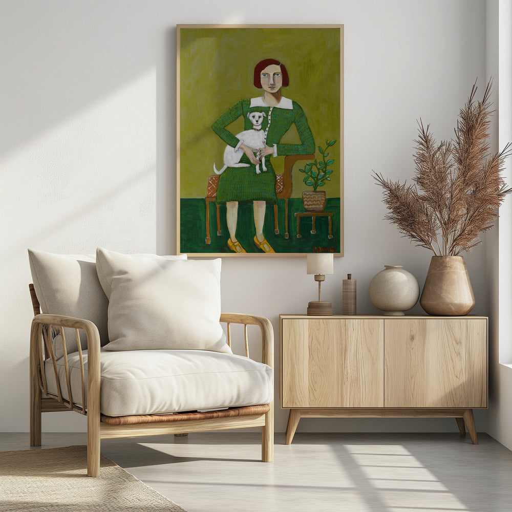 Vintage dame met haar witte hond | Poster