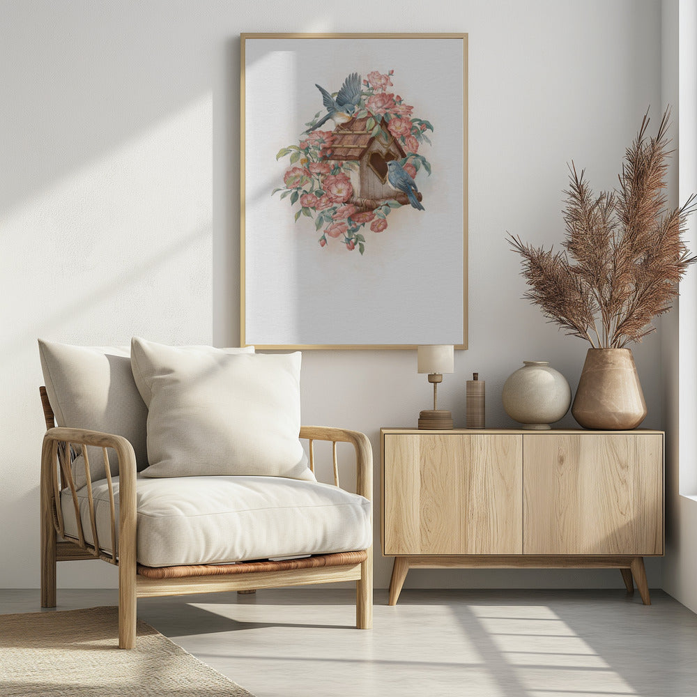 Vogelhuisje en roos | Poster