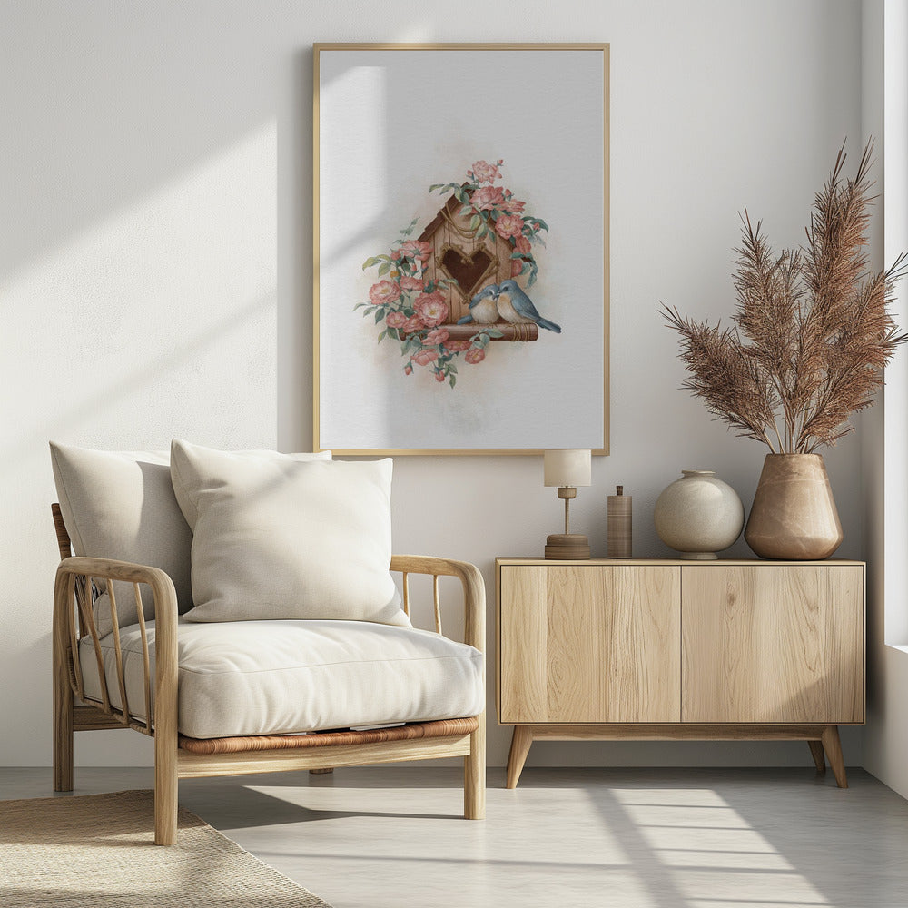 Vogelhuisje en roos | Poster
