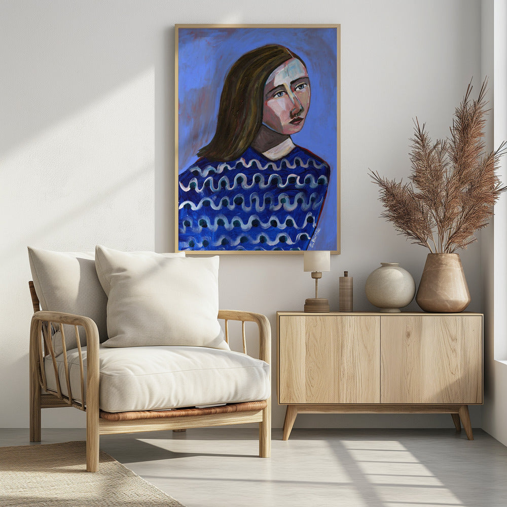 Vrouw in blauwe trui Naïef portret figuratief | Poster