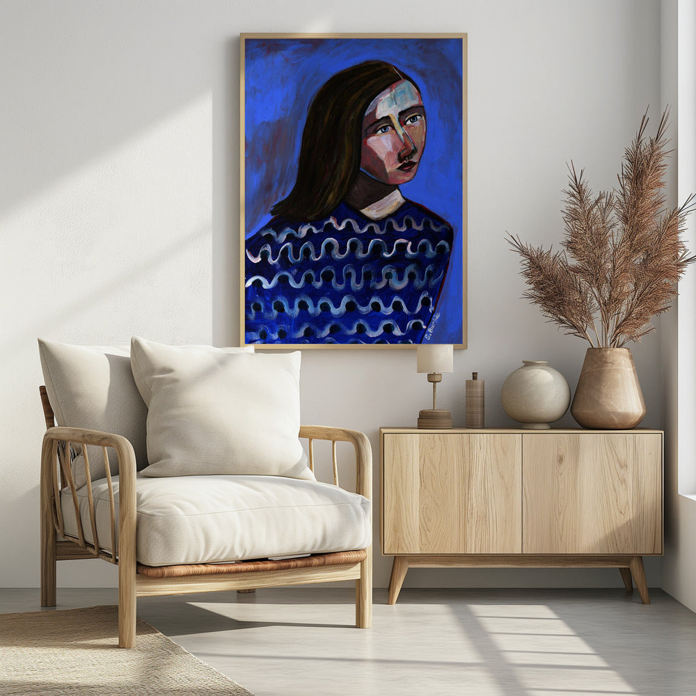 Vrouw in blauwe trui Naïef portret figuratief | Poster