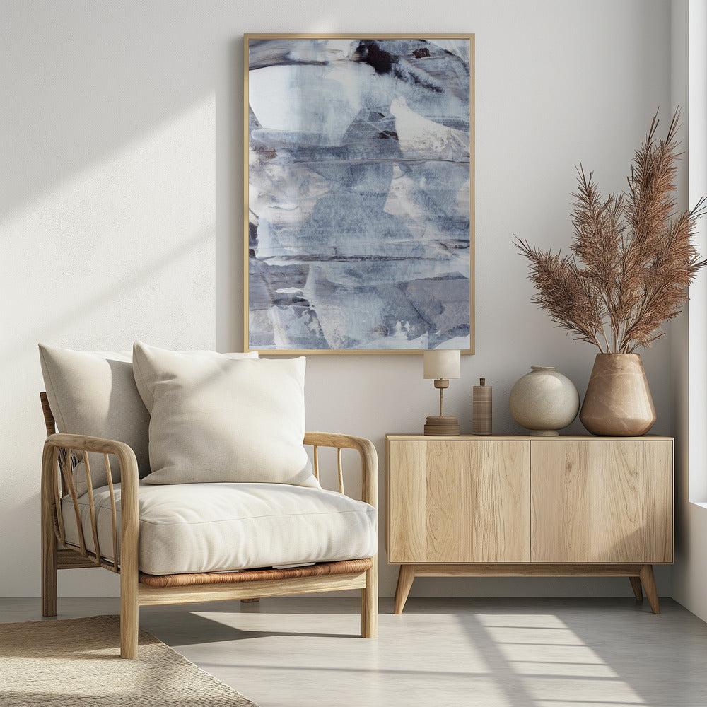 Penseelstreken in tinten grijs, blauw en wit | Poster