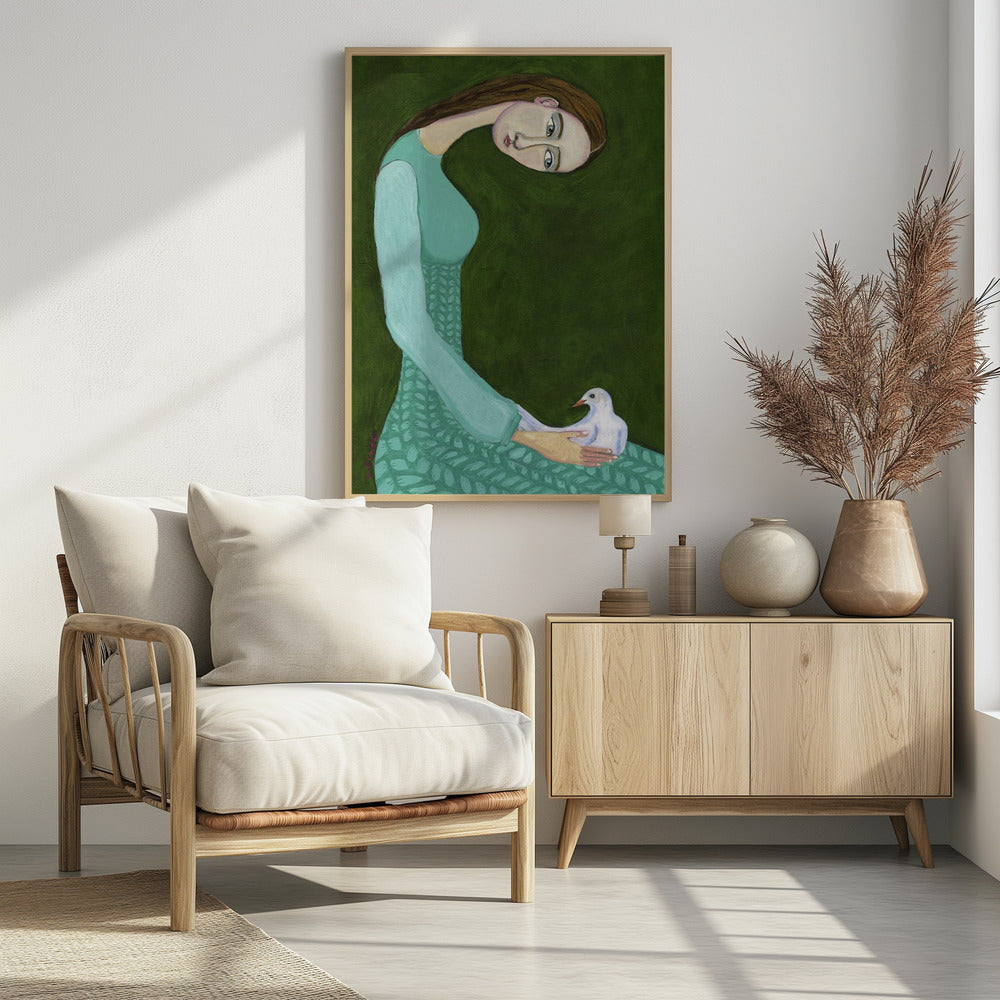 Dame zittend met witte duif | Poster