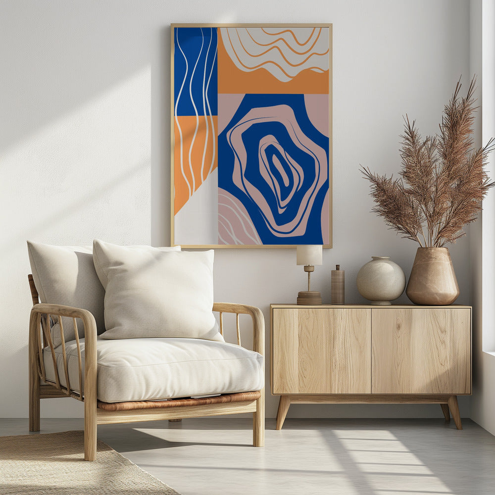 Abstracte collage in blauw en oranje | Poster