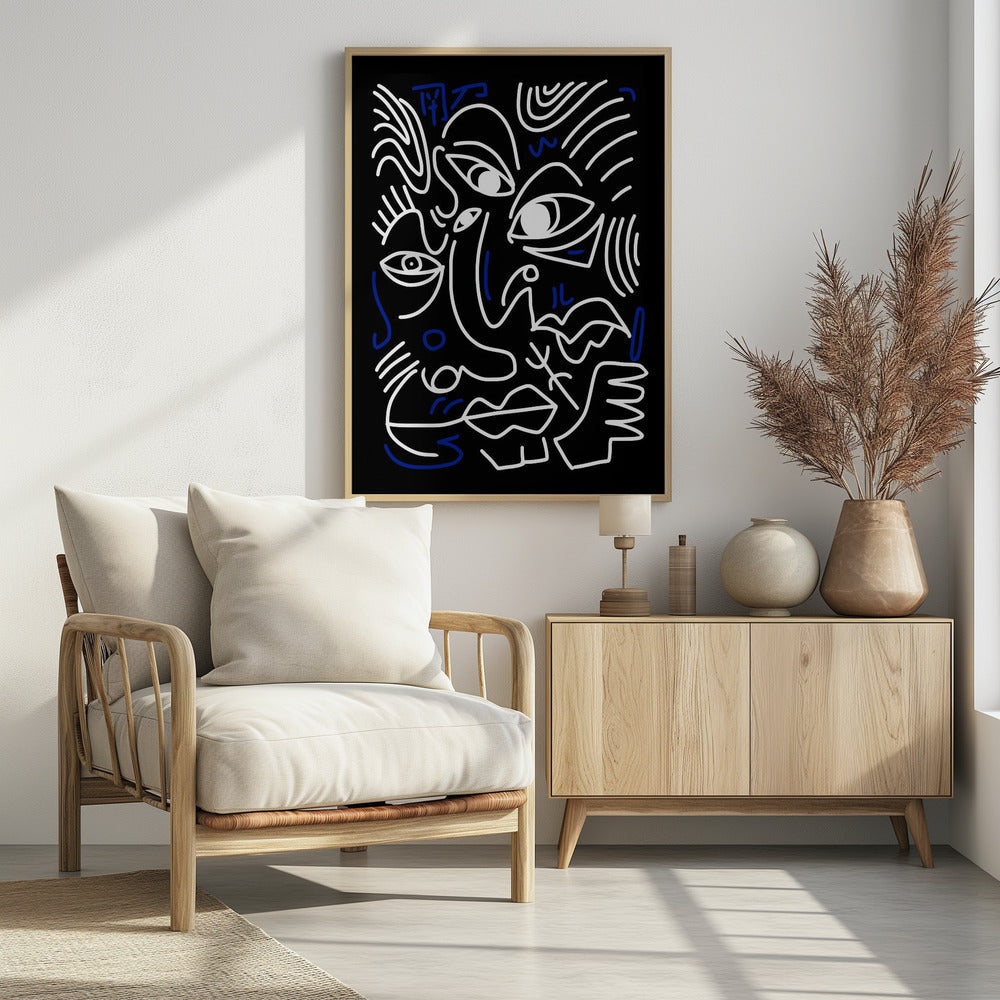 Witte en blauwe lijnen op een zwarte achtergrond | Poster