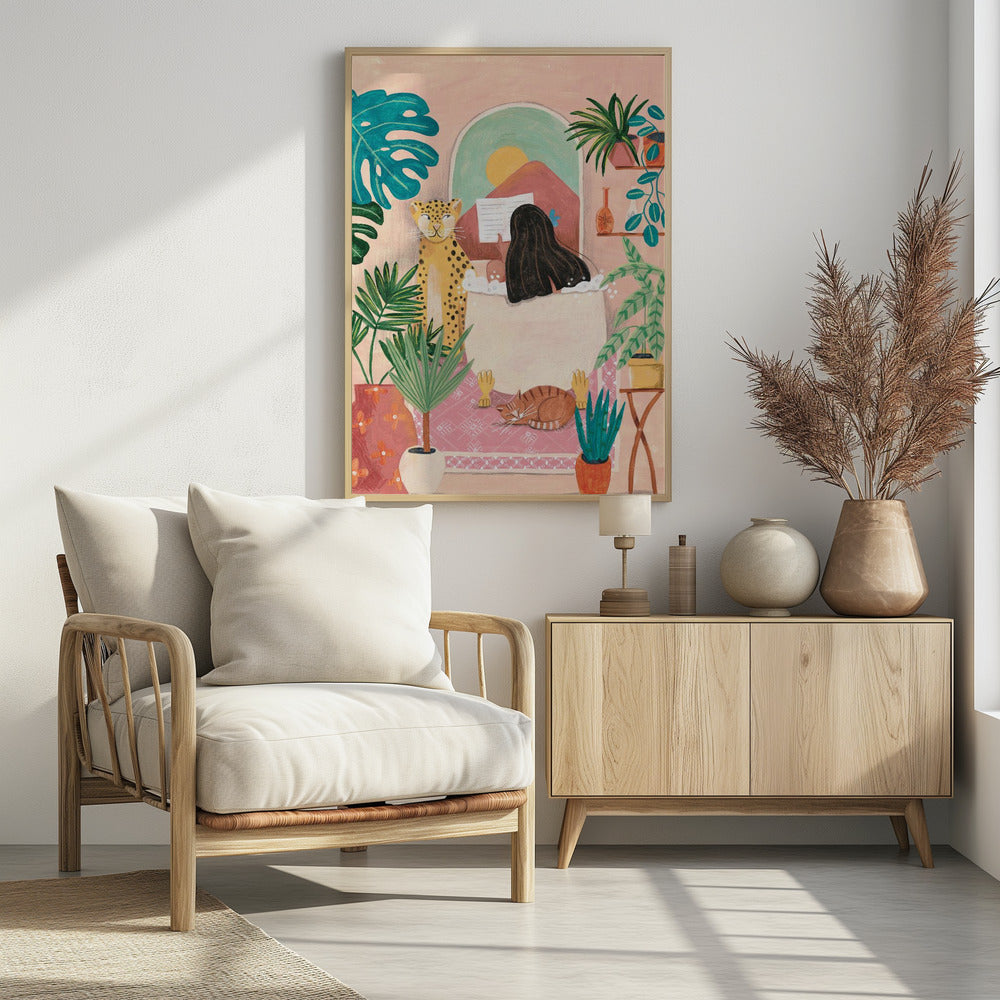 Woman taking bath in pink tropical bathroom | Poster