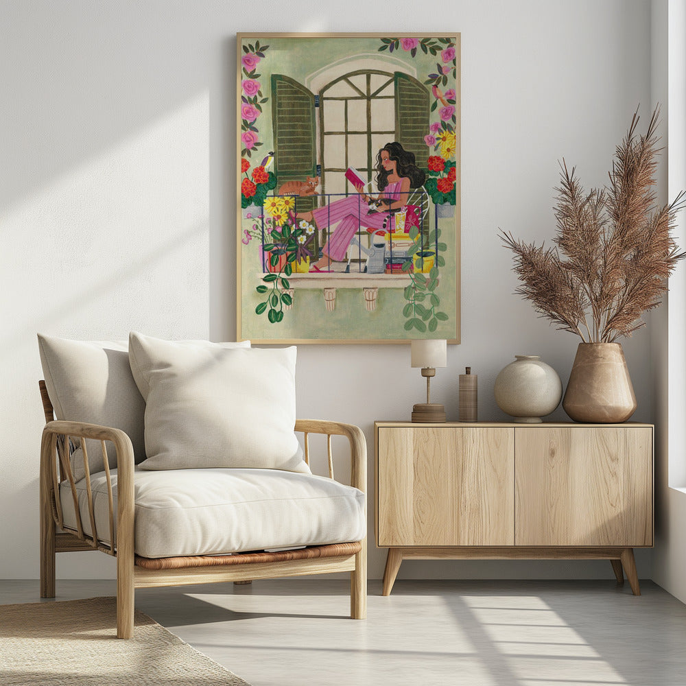Woman reads on balcony | Poster