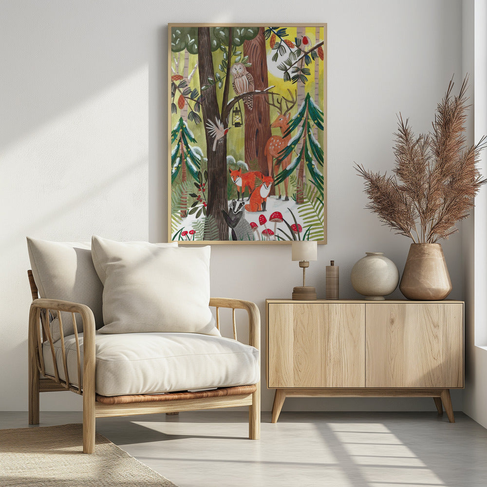 Green Christmas forest with animals | Poster