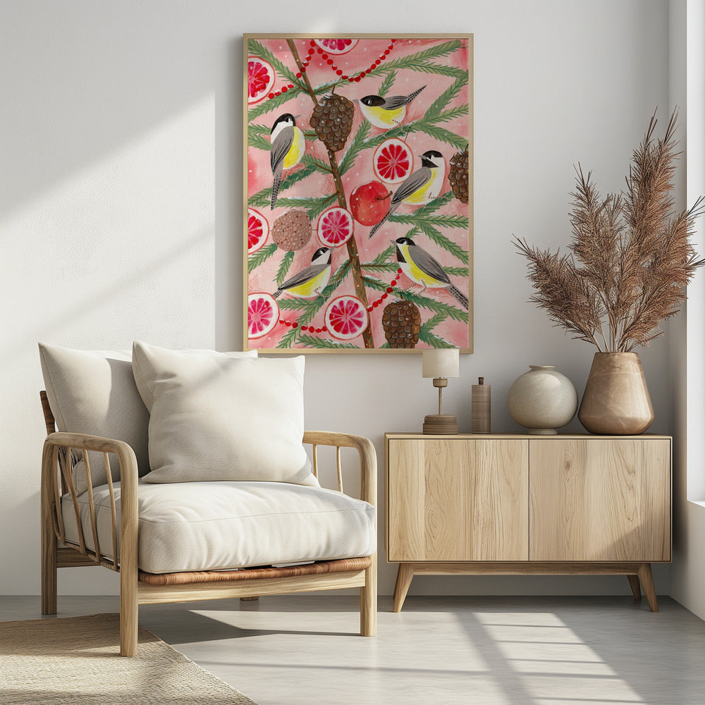 Wintervogels Mezen in de dennenboom met Kerstmis | Poster