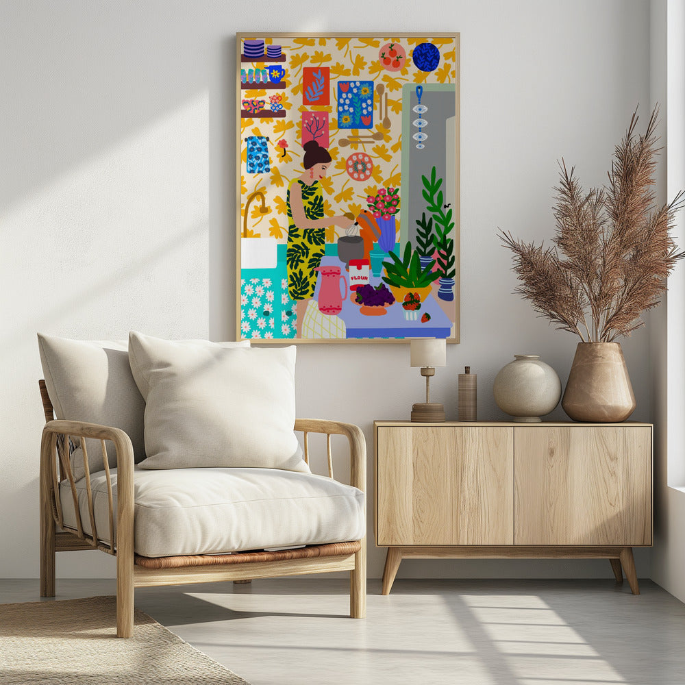 A Woman In A Kitchen With Flowers | Poster