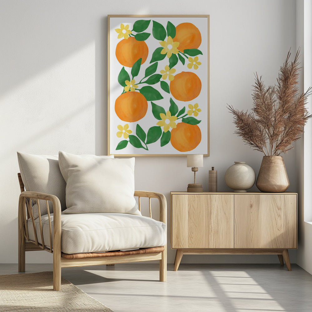 Sinaasappels met groene bladeren en delicate gele bloemen | Poster