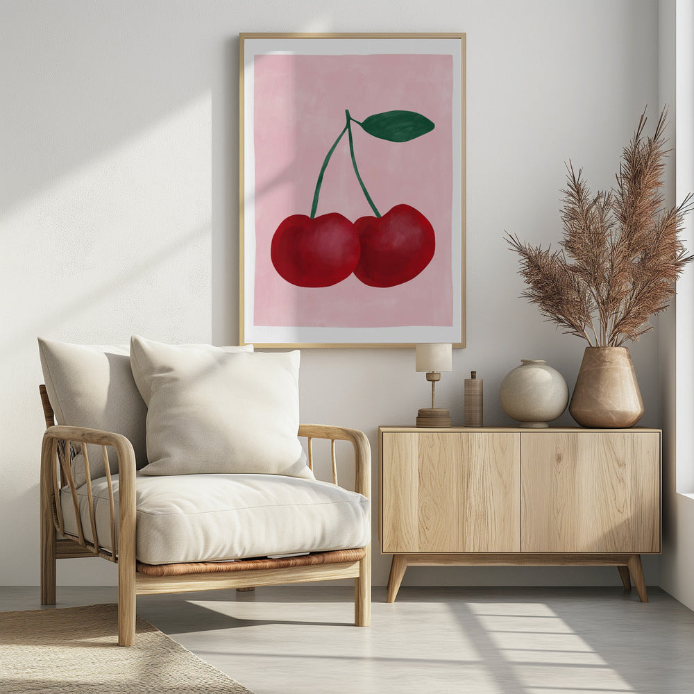 Rode kersen met een groen blad | Poster