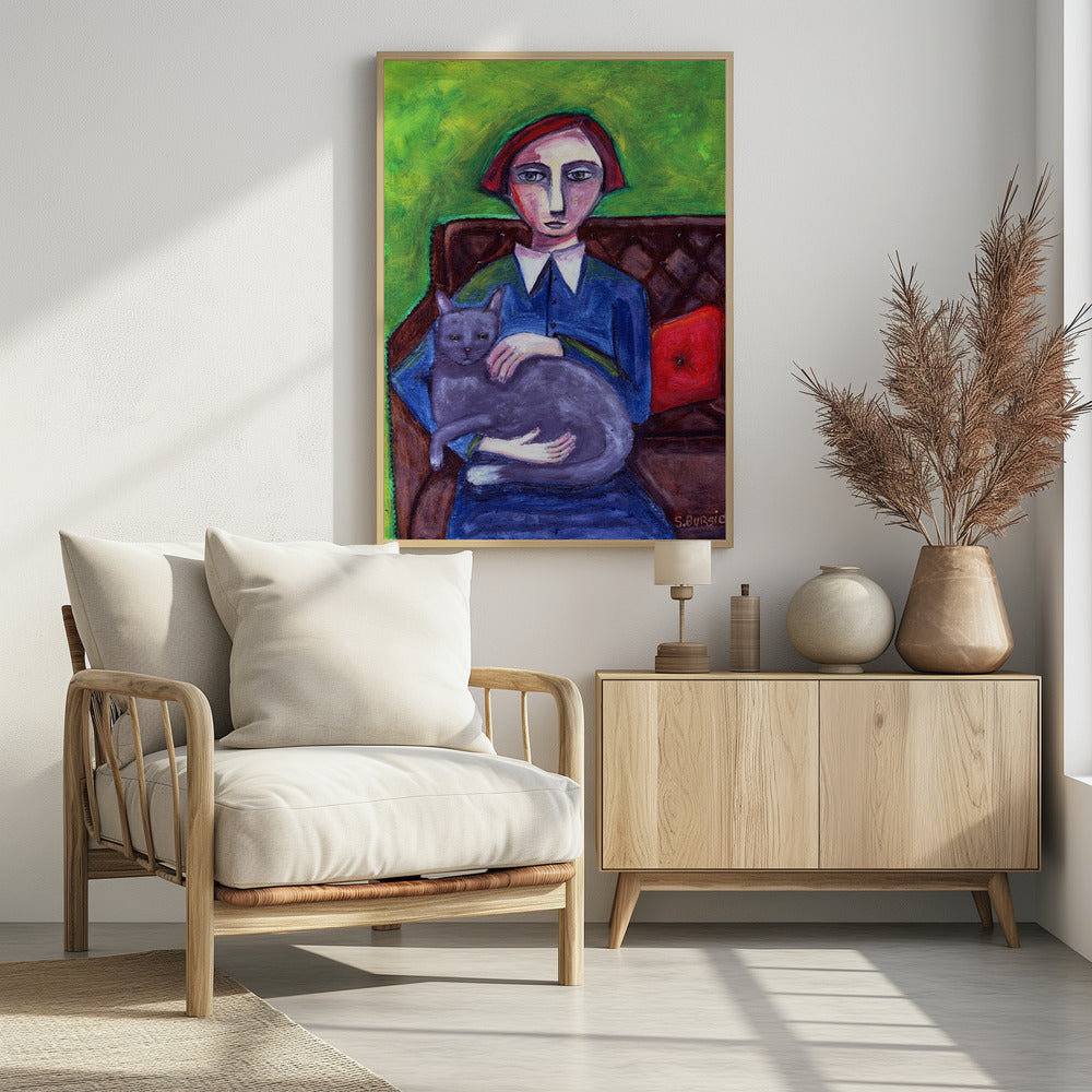 Dame op de bank met kat | Poster