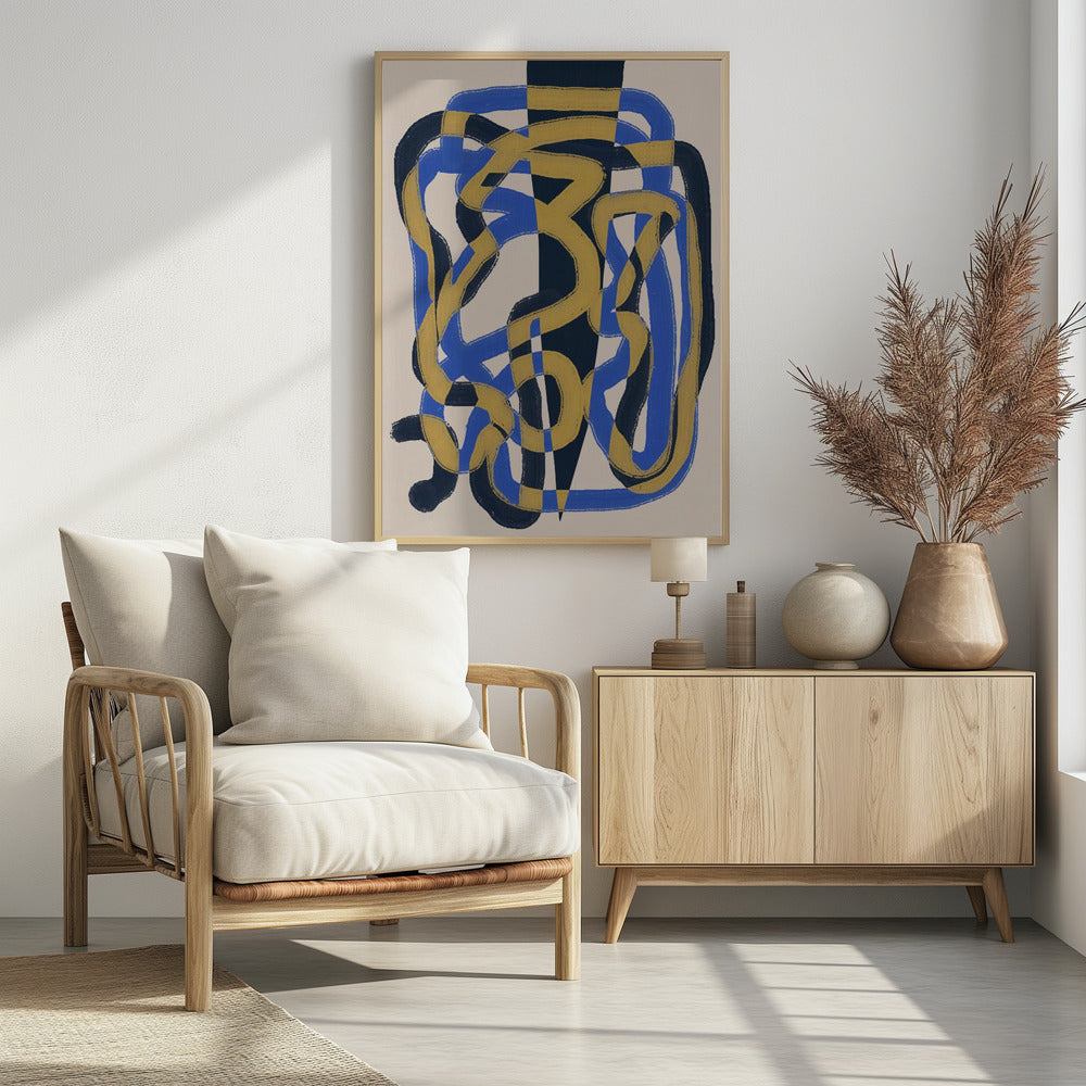 Abstracte lijn deco blauw en geel | Poster