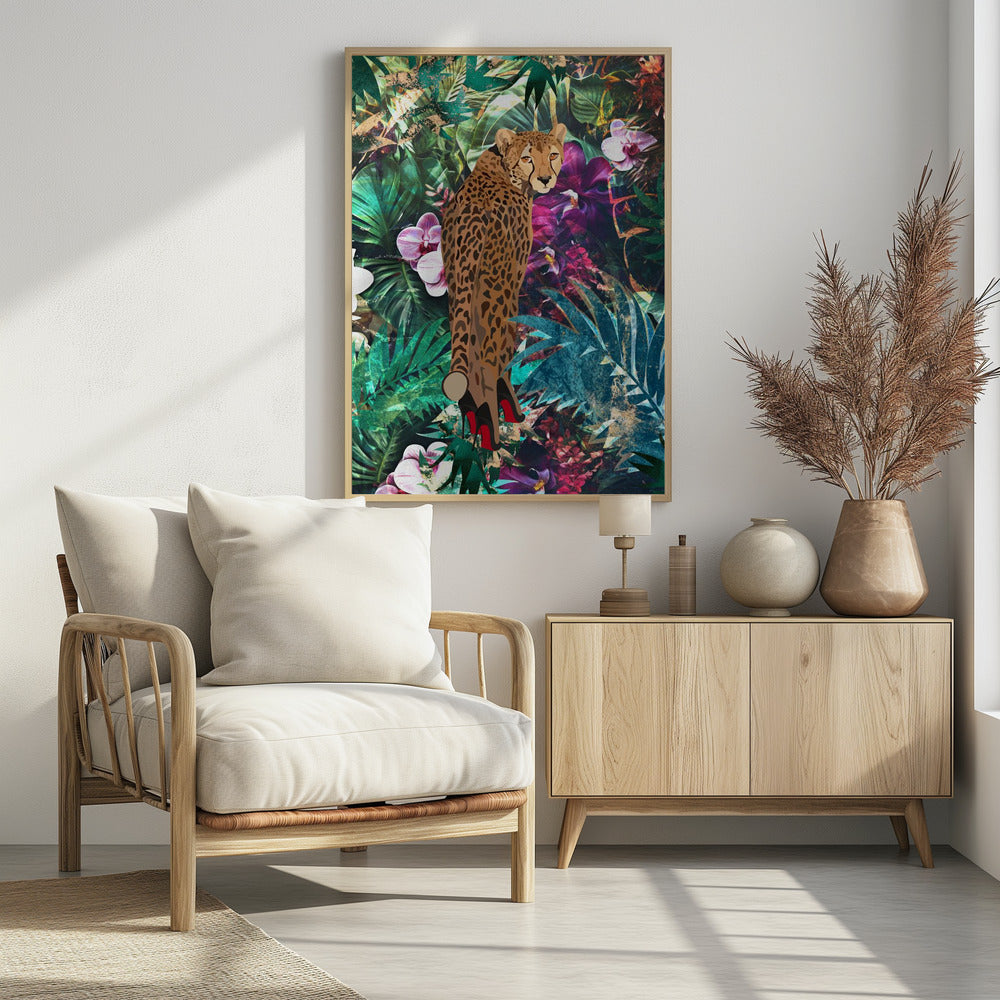 Tropische bloemenjungle - Cheetah op hakken | Poster