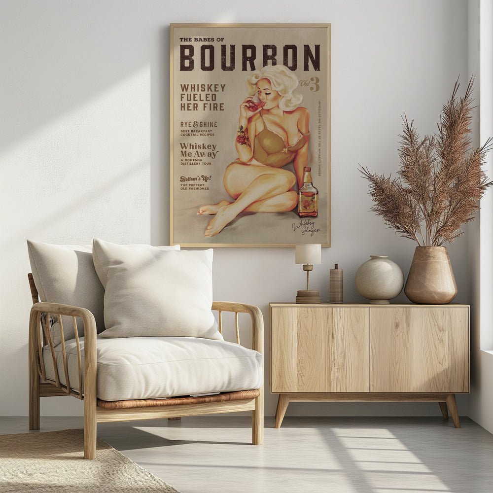 Bourbon wanddecoratie. Sexy vintage pin-upgirl drinkt whisky | Poster