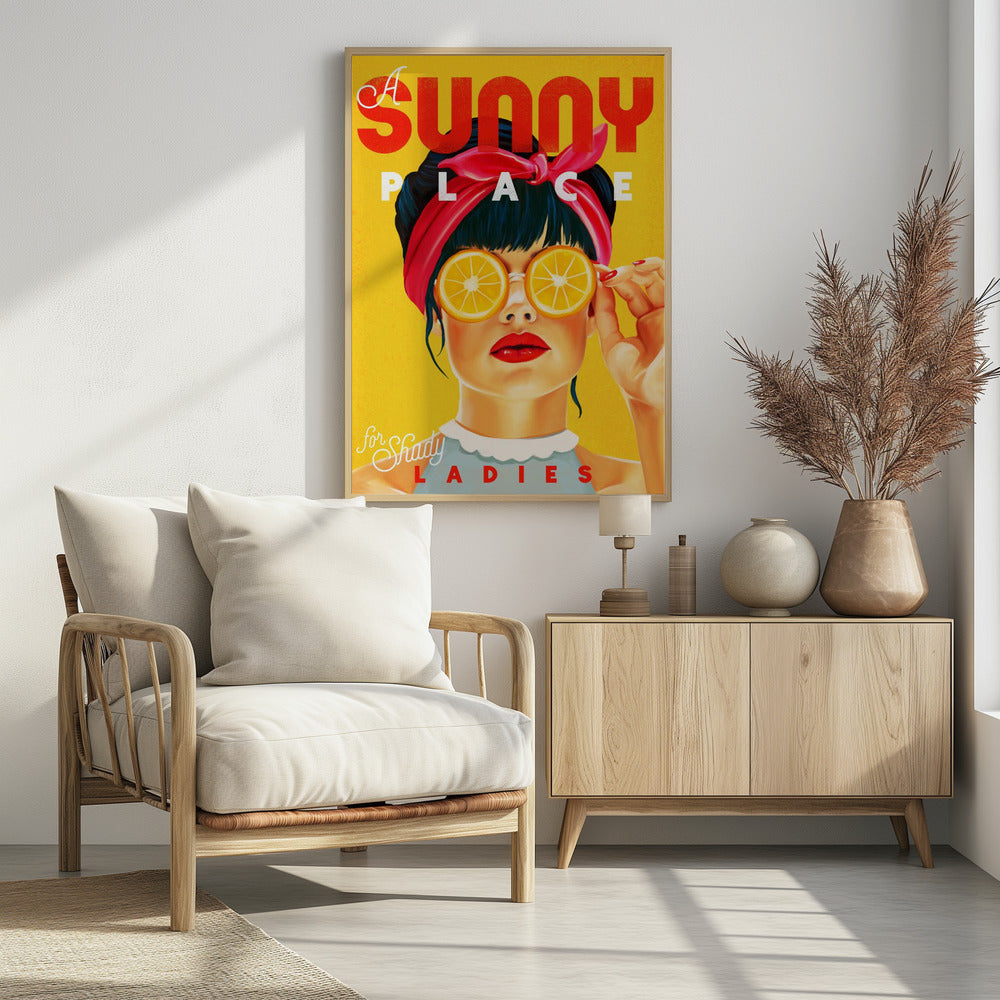 Een zonnige plek voor louche dames - oranje pinupkunst | poster