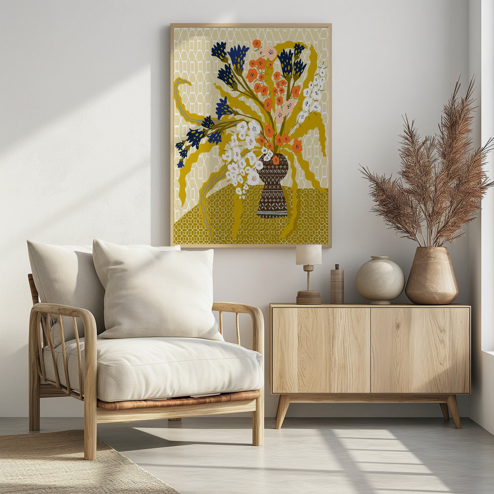 Bloemen hedendaags stilleven mosterdgeel | Poster
