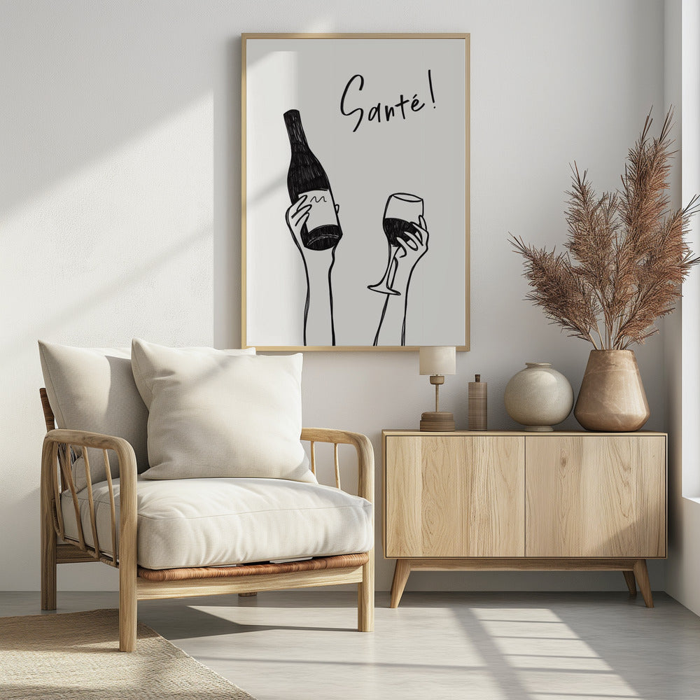 Hands holding a wine bottle and a wine glass with the text "Cheers!" in French | Poster