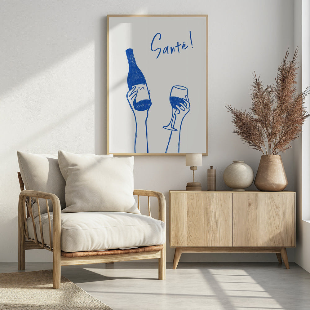 Hands holding a wine bottle and a wine glass with the text "Cheers!" in French | Poster
