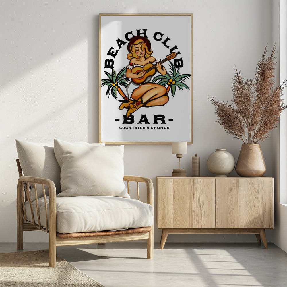 Beachclubbar. Pin-upgirl in Sailor Jerry-stijl speelt gitaar | Poster