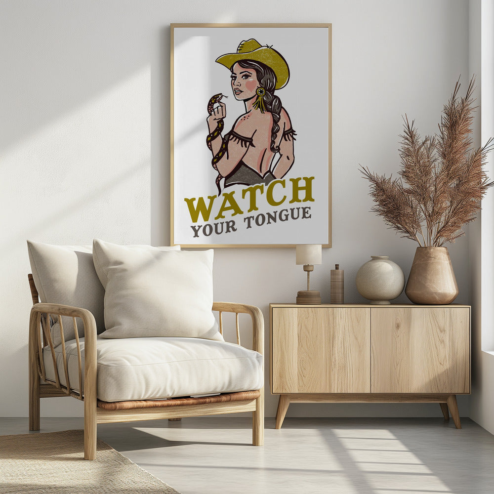 Let op je tong, stoere pin-up cowgirl en ratelslang | Poster