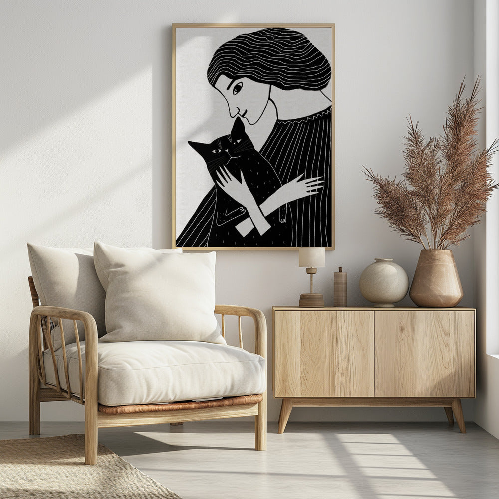 Kattenvrouw met zwarte kat | Poster