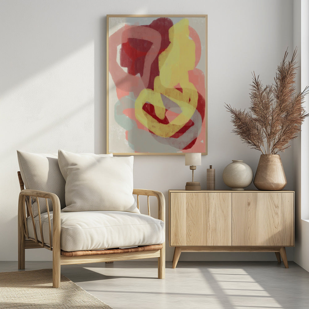 Abstract schilderij in pastel. Geel, rood en grijs. | Poster