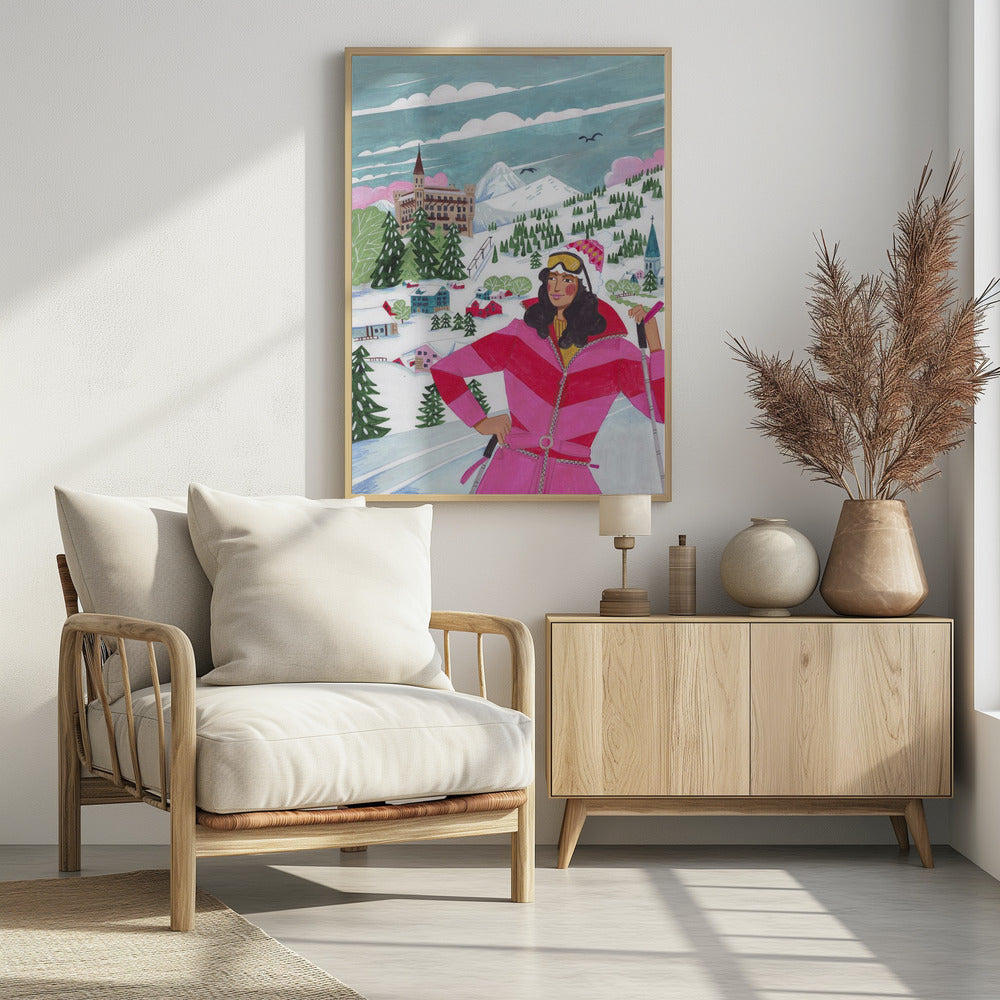 Wintertafereel: vrouw aan het skiën | Poster