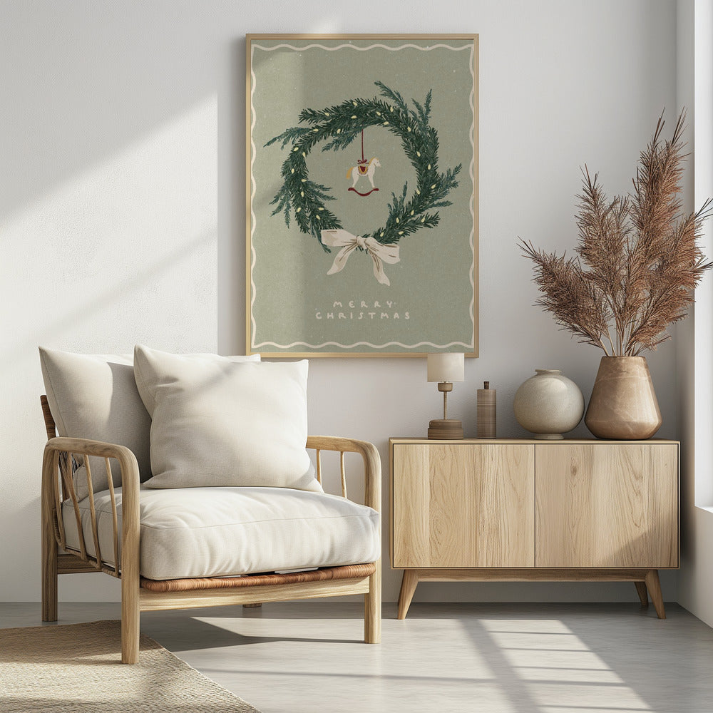 Paardenspeelgoed op kerstkrans met strik | Poster