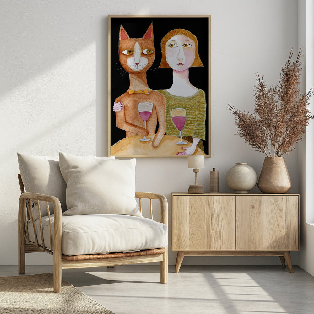 Beste vrienden Kat en Vrouw drinken wijn | Poster