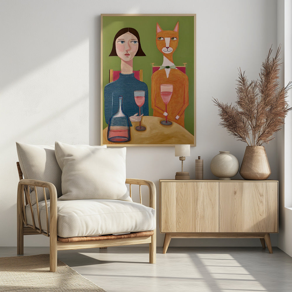 Dame en kat drinken wijn | Poster