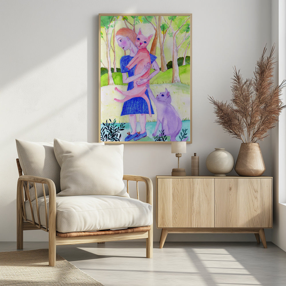 Dame met de roze en blauwe kat. | Poster