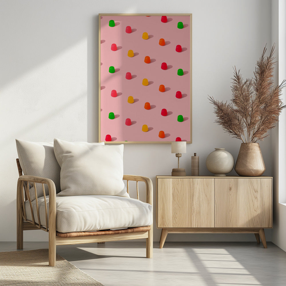 Stippen snoepgomdruppels - herhalend patroon op roze achtergrond | Poster