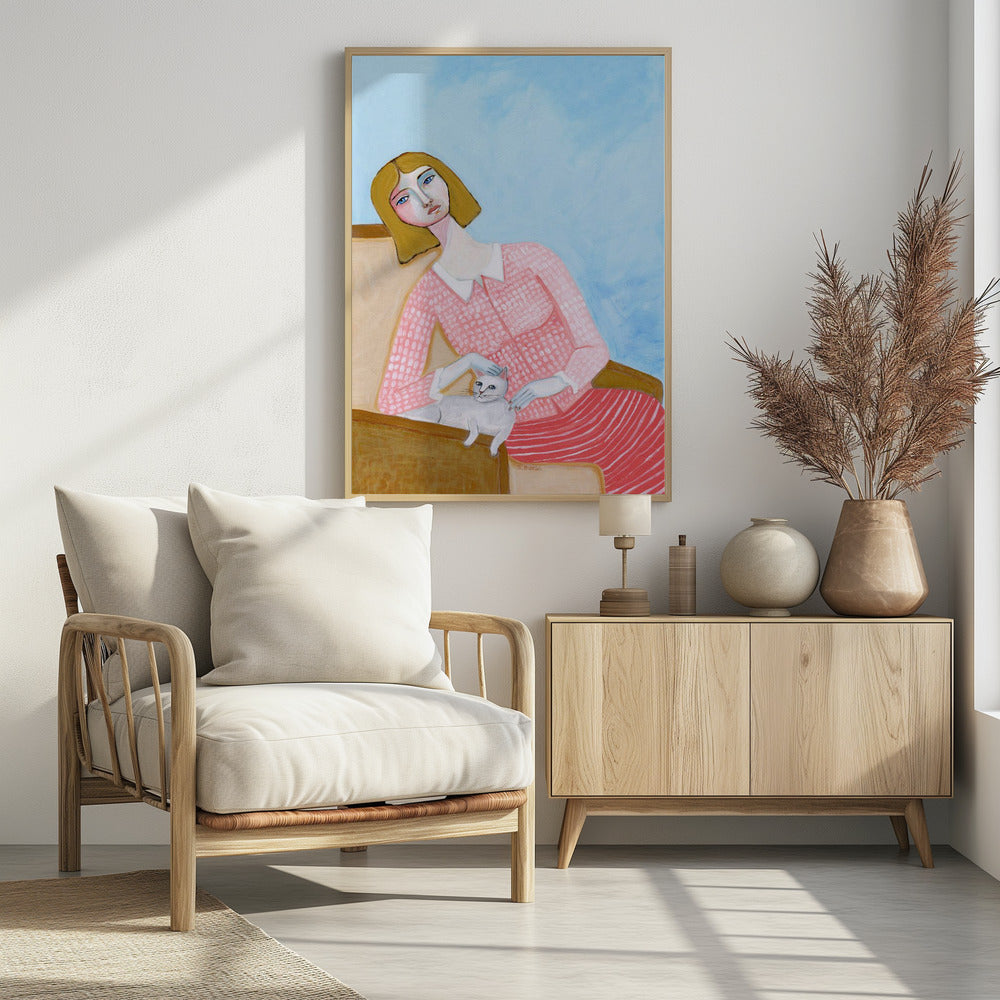 Dame met witte kat | Poster
