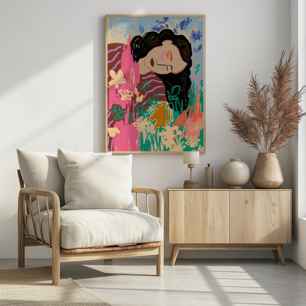 Expressieve figuur omringd door kleurrijke bloemen | Poster