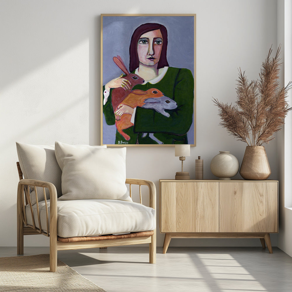 Dame met drie konijnen | Poster