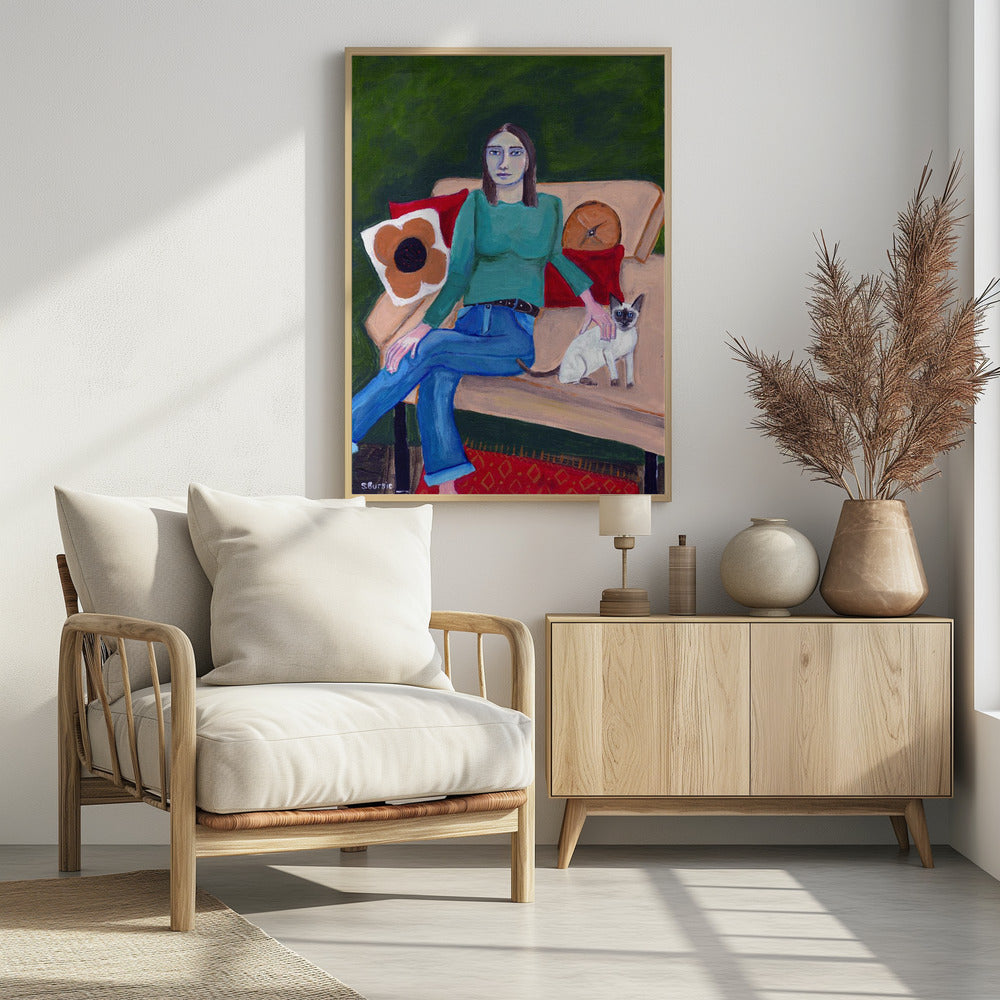Lady sitting with Siamese Cat | Poster