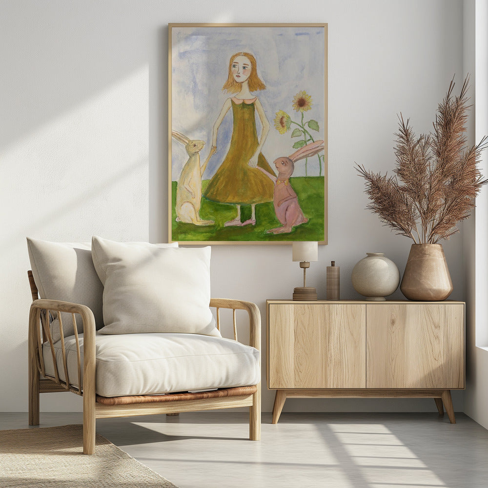 Meisje met haar konijnen | Poster