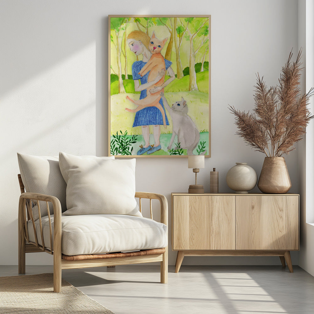 Dame met de oranje en grijze kat. | Poster