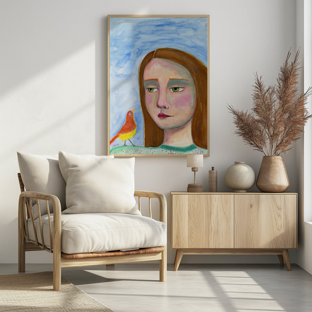 Dame met vogeltje | Poster