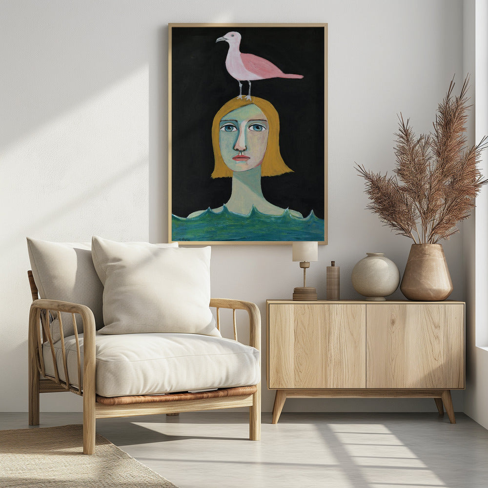 Zwemmend meisje met roze meeuw | Poster