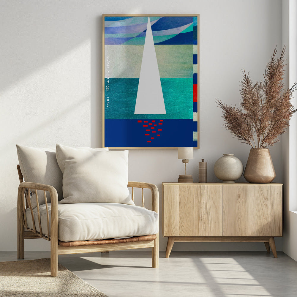 Abstracte zeilboot aan de Franse Rivièra, kleurrijke Côte d'Azur kunstdruk | poster
