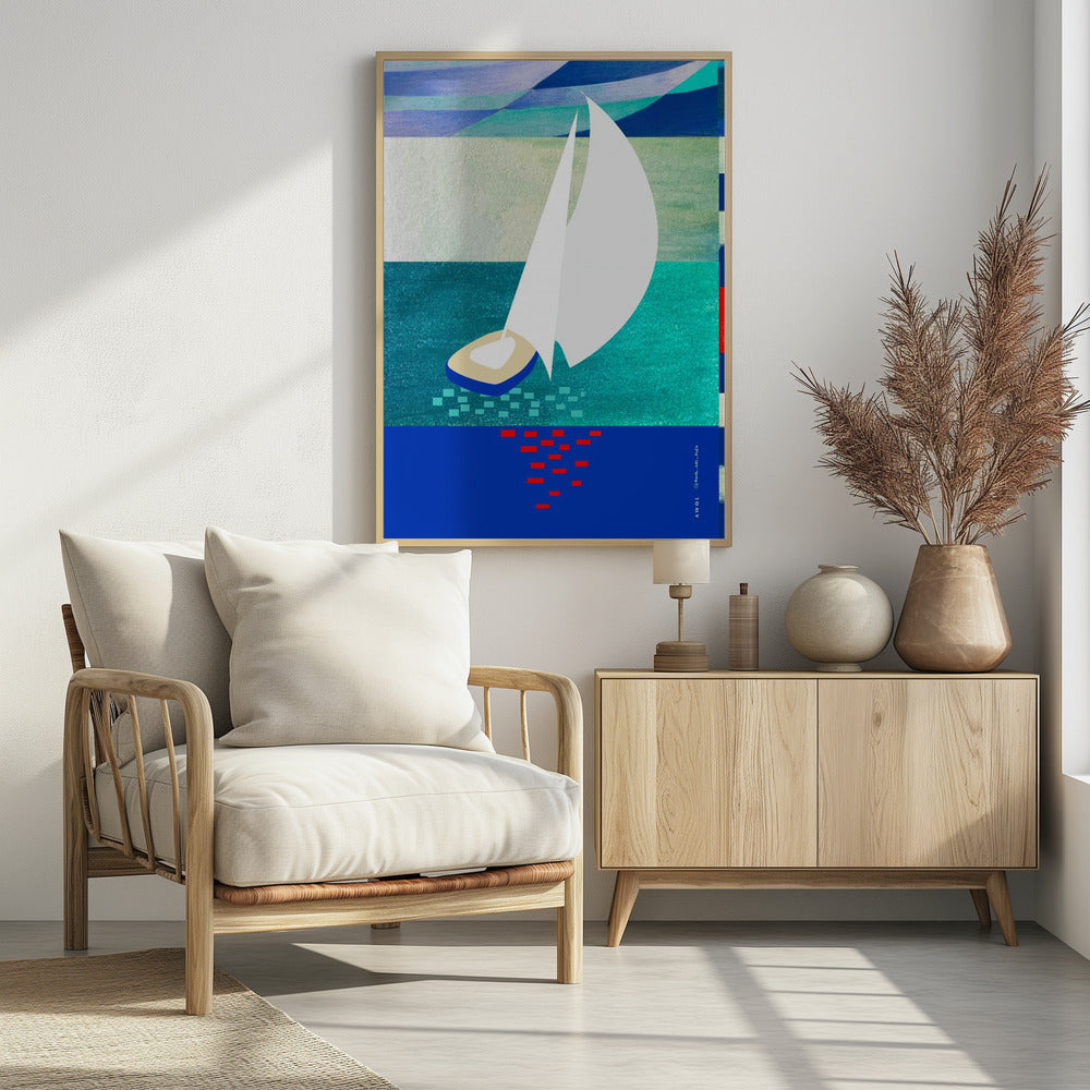 Witte zeilboot met reflecties, abstracte zeekunst met grafische strepen | Poster