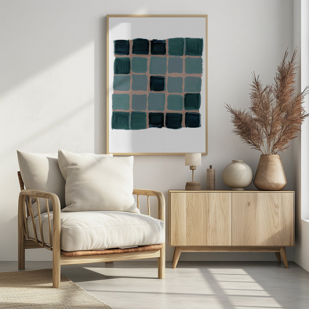 Blauwgroene geruite vierkante print | Poster