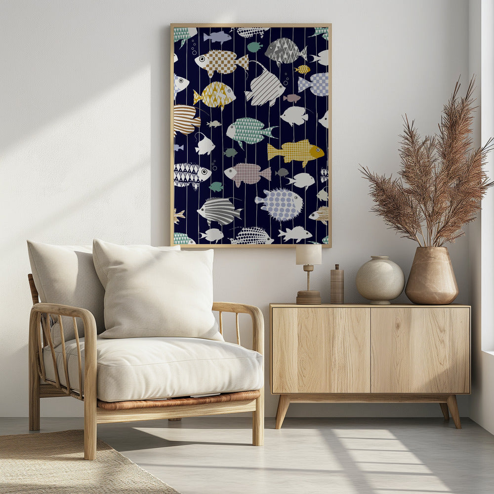 Verse vis op donkerblauw patroon | Poster