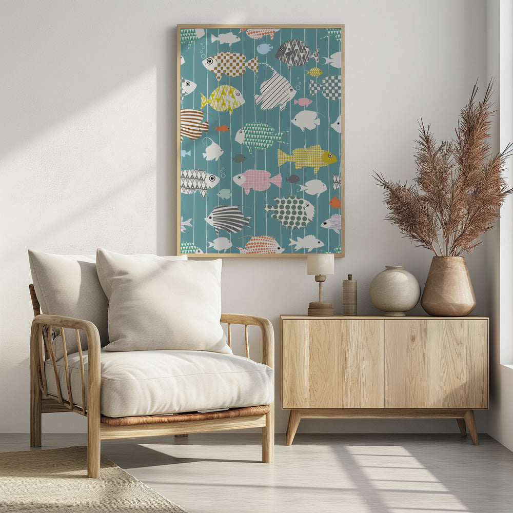 Verse vis op blauwgroen patroon | Poster