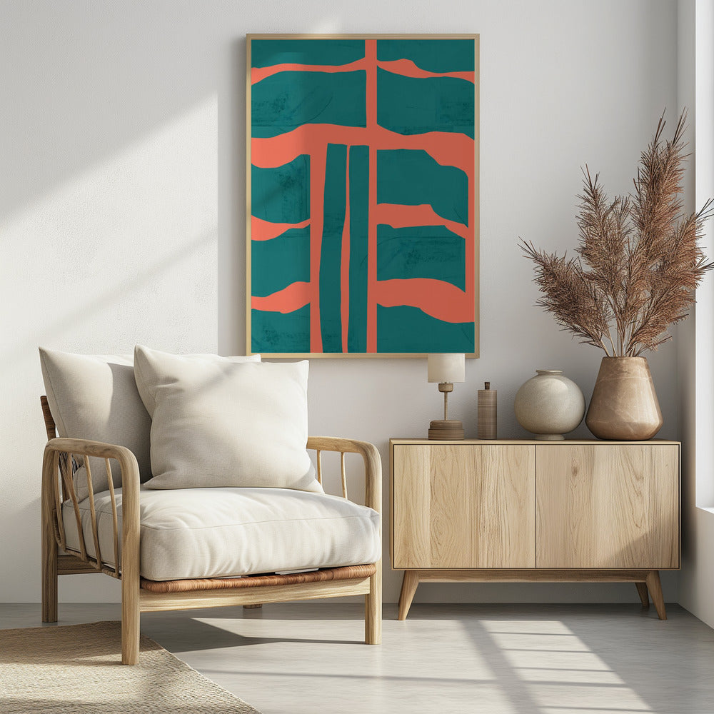 Turquoise & Koraal Abstractie 1 | Poster