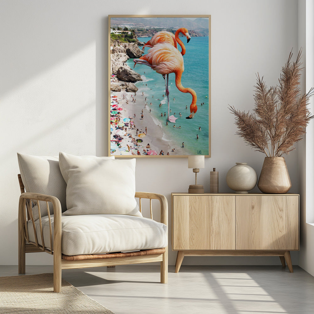 Flamingo's op het strand | Poster
